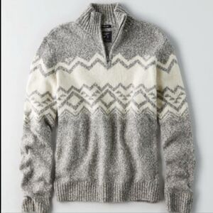 American Eagle Outfitters Men's Gray Fair Isle Half-Zip Sweater. Size Xlarge